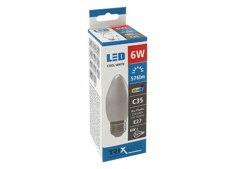 LED žárovka Trixline svíčková 6W C35 E27 studená bílá