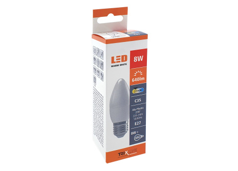 LED izzó Trixline 8W E27 C35 meleg fehér