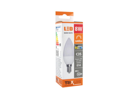 LED izzó Trixline 8W E14 C35 meleg fehér