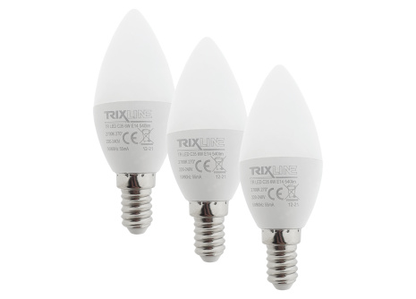 LED izzó Trixline 6W C35 E14 meleg fehér 3 PACK