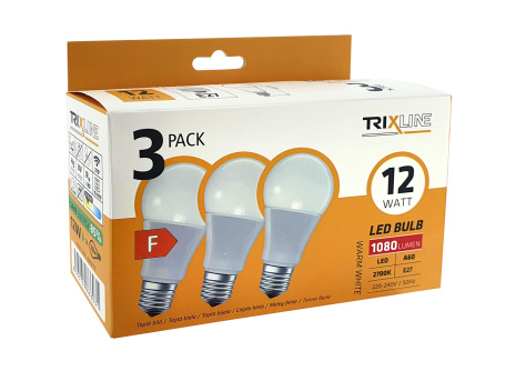 LED izzó Trixline 12W A60 E27 meleg fehér 3 PACK