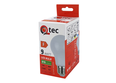 LED izzó Qtec 9W A60 E27 810lm meleg fehér