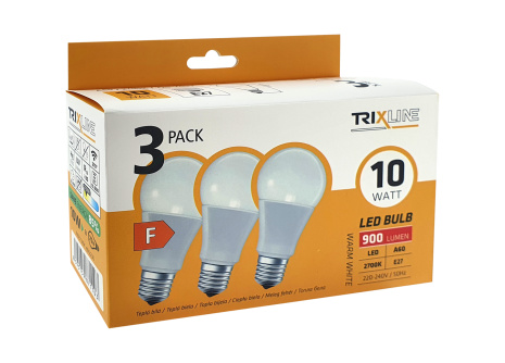 LED izzó Trixline 10W A60 E27 meleg fehér 3 PACK