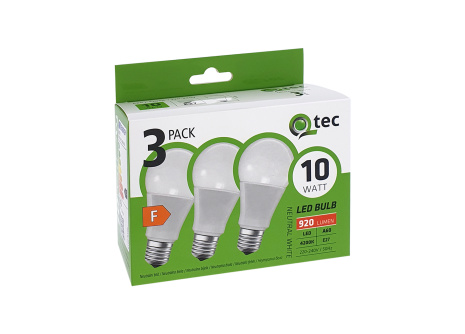 LED žárovky 10W/920lm/A60/E27 neutrální bílá 3 PACK Qtec